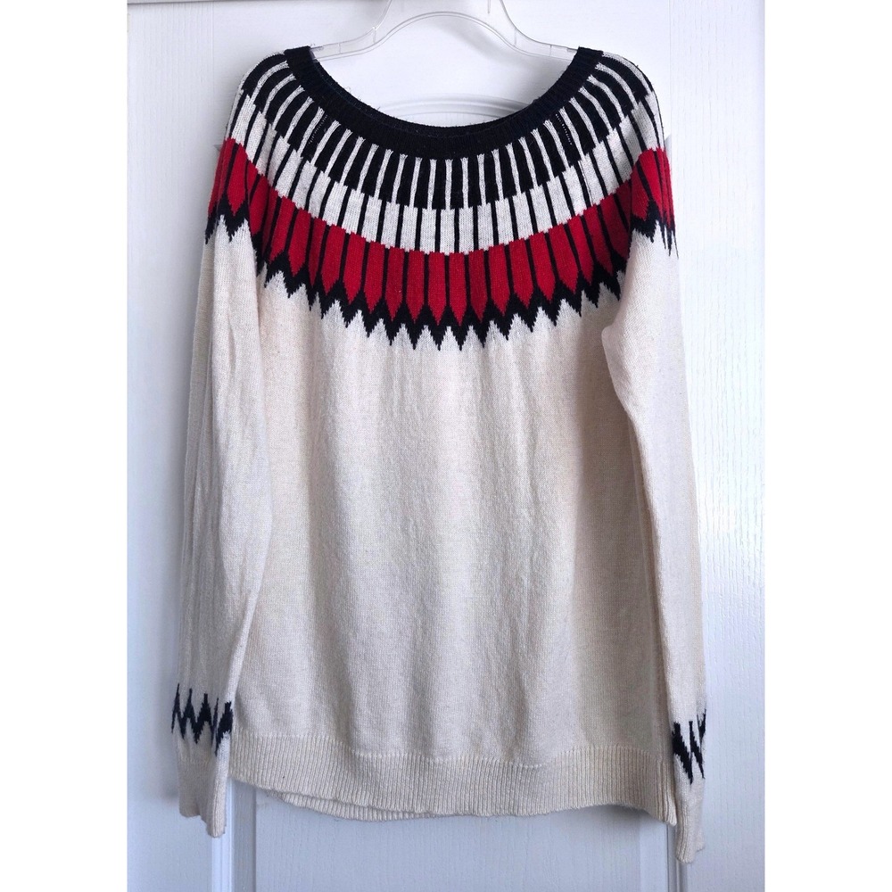 Talbots Nordic Fair Isle Yoke Wool Blend Sweater Cream Red Navy Knit Sz XL